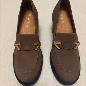Vionic Chocolate Loafers with Gold Accents